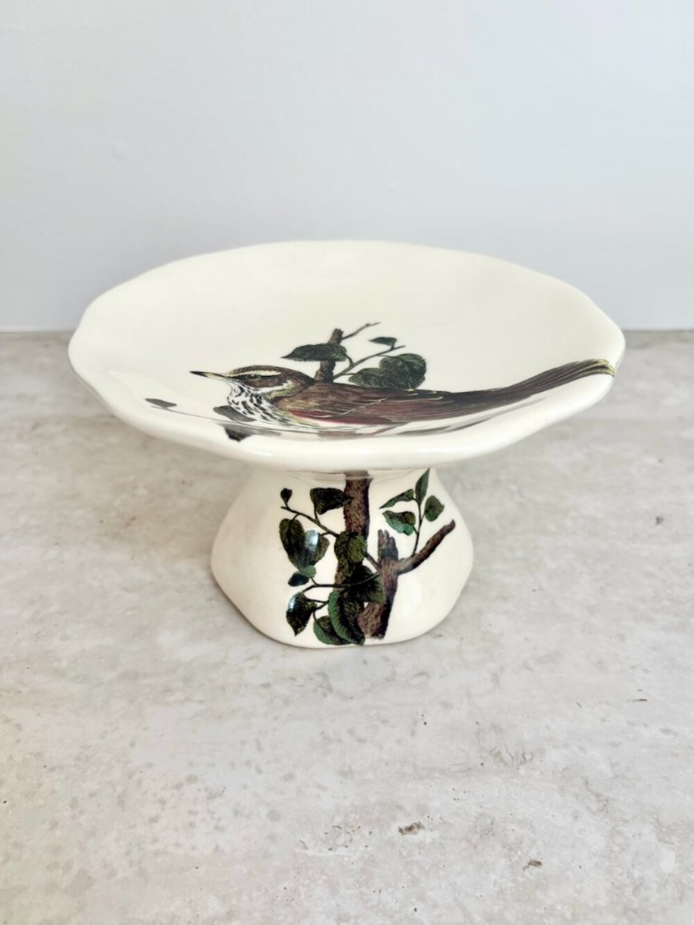 Vintage Ceramic Bird Illustration Pedestal Dish Footed Bowl